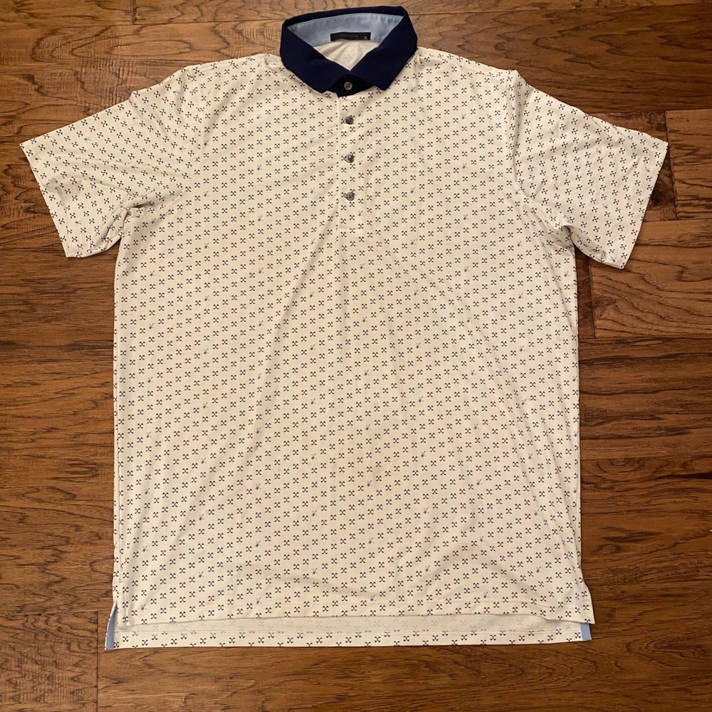 Greyson Golf Polo Mens XL White Navy Crossed Clubs Guitar Print Short Sleeve